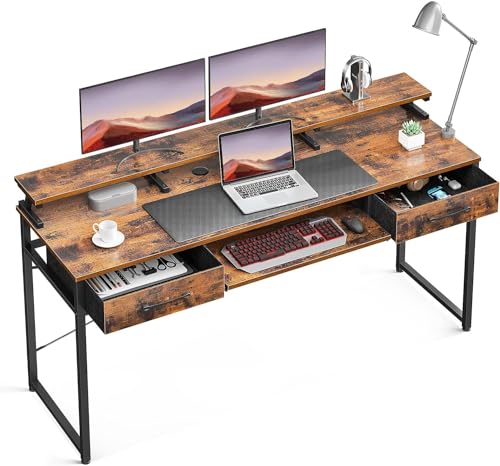 ODK Schreibtisch mit 2 Schubladen, Computertisch mit Tastaturablage, Bürotisch PC-Tisch mit Monitorablage Höhenverstellbaren für Home Office (Braun, 160x53x90cm) von ODK