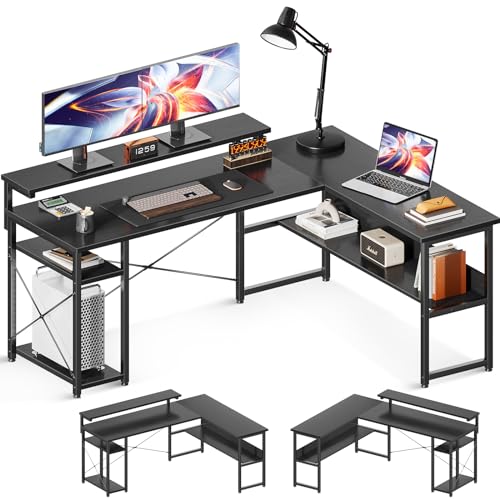 ODK Eckschreibtisch, Reversibel Schreibtisch l Form mit Monitorständer, Schreibtisch mit Regal Schwarz 155×122 cm von ODK