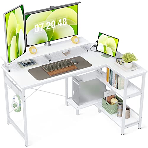 ODK Eckschreibtisch Weiß, Reversibel L Förmiger Schreibtisch mit Regal, 120x80x88cm Schreibtisch L Form mit Langer Monitorständer, Gaming Tisch mit Bücherregal Computertisch L Form für Heimbüro von ODK