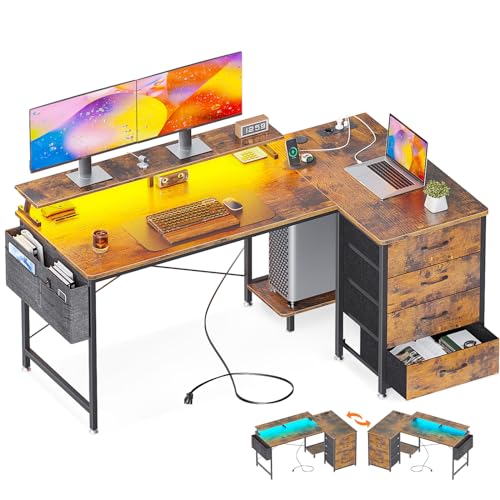 ODK Eckschreibtisch mit 4 Stoff Schubladen, Reversible Schreibtisch L Form mit 2 Steckdosen und 2 USB Ladeanschluss, Gaming Tisch L Form mit LED&Monitorständer für Home Office (Braun, 140x80x84.7cm) von ODK