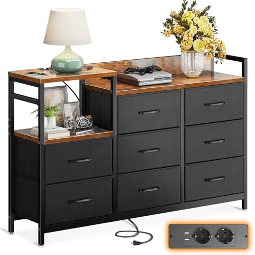 ODK Kommode mit Schubladen, 2 USB & 2 AC-Anschlüssen，Multifunktionaler Lagerschrank für Schlafzimmer und Wohnzimmer - Stabile und langlebige Aufbewahrungslösung, 132 * 30 * 88 cm von ODK