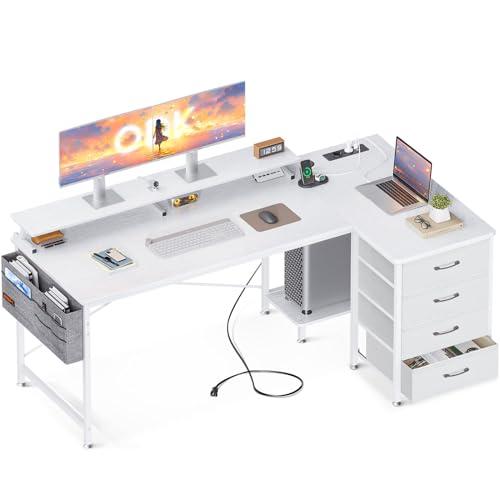 ODK Eckschreibtisch Weiß, Schreibtisch L Form mit Stauraum, 160x80x84.7cm L-förmiger Schreibtisch mit 2 USB Ladeanschluss&2 Steckdose, Tisch L Form mit 4 Schubladen&Monitorablage für Homeoffice von ODK