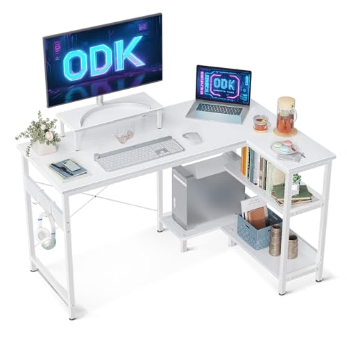 ODK L-förmiger Schreibtisch Weiß, Eckschreibtisch mit Regal Reversibel,120x80x75cm Computertisch L Form mit Monitorständer, Gaming Tisch L Form mit Bücherregal, PC Ecktisch Bürotisch für Heimbüro von ODK