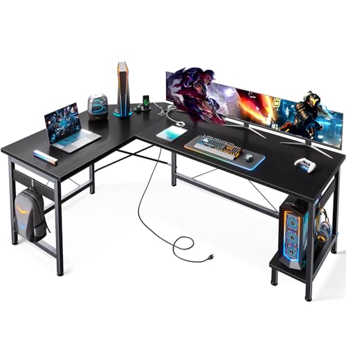 ODK Gaming Tisch mit Steckdosen und USB-Ladeanschluss, Gaming Schreibtisch mit CPU-Ständer, Schreibtisch L Form, Eckschreibtisch für das Heimbüro, 150×120cm, Schwarz von ODK
