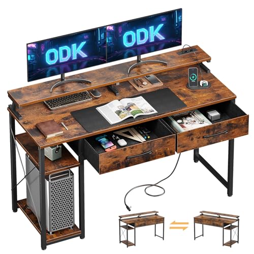 ODK Schreibtisch mit 2 Schubladen, Computertisch mit 2 Steckdose 2 USB-Ladeanschluss, PC Tisch mit Regalen und Monitorständer, büro Tisch für Office, 120x50x90cm, Rustikales Braun von ODK