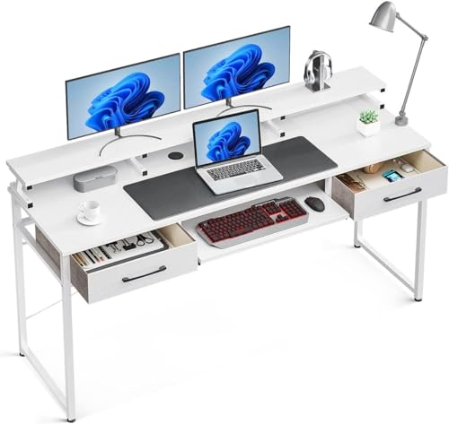 ODK Schreibtisch mit 2 Schubladen, Computertisch mit Tastaturablage, Bürotisch PC-Tisch mit Monitorablage Höhenverstellbaren für Home Office (Weiß, 160x53x90cm) von ODK