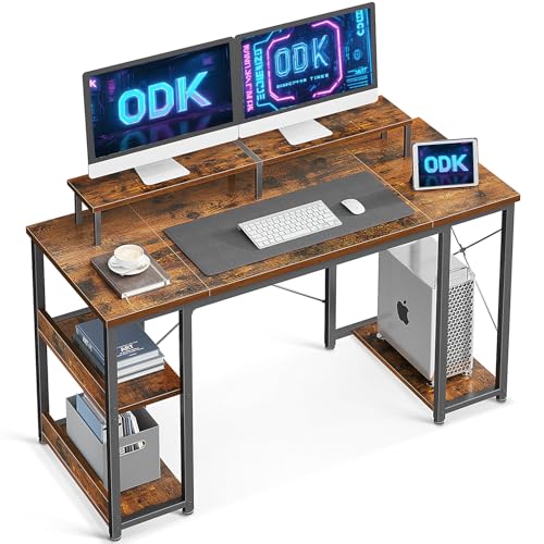 ODK Schreibtisch, Gaming Tisch mit Regal Reversibel 120x50x86.5cm Computertisch mit Monitorständer, PC Tisch Bürotisch für Büro, Wohnzimmer, Vintage Braun von ODK
