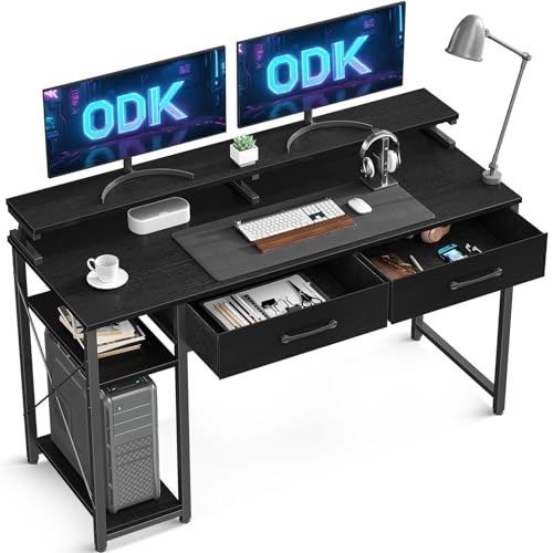 ODK Schreibtisch mit Regalen, Computertisch mit 2 Schubladen und Monitorständer, Bürotisch mit Bücherregal, Computertisch Klein PC-Tisch Officetisch für Home Office, 120x50x87cm, Schwarz von ODK