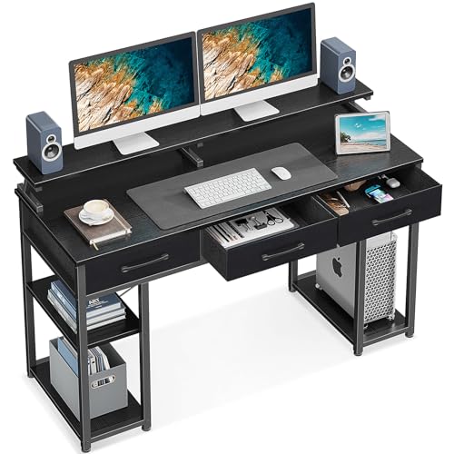ODK Schreibtisch mit Schubladen, Computertisch mit Regal, 120x50x90cm Gaming Tisch mit Monitorständer, Schreibtisch Schwarz Bürotisch PC-Tisch für Home Office, Büro, Wohnzimmer von ODK