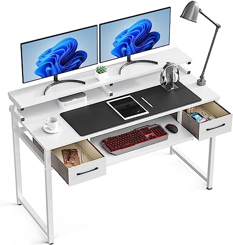 ODK Schreibtisch Weiß mit Schubladen, 120x48x87cm Computertisch mit Tastaturauszug, Gaming Schreibtisch mit Monitorablage Höhenverstellbaren Bürotisch PC-Tisch Officetisch für Home Office von ODK