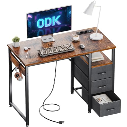 ODK Schreibtisch mit mit USB-Ladeanschluss und Steckdose, Computertisch mit 3 Schubladen, Bürotisch Schreibtisch Holz Officetisch fürs Büro, Wohnzimmer, Home, Office (Braun, 100x48x75.5cm) von ODK