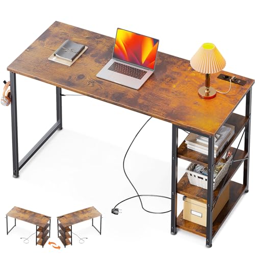 ODK Schreibtisch, 120x40x75cm Computertisch mit 3 Steckdose und USB & Typ C Ladeanschluss, PC Tisch mit Umkehrbarem Regal Tisch Klein fürs Büro, Wohnzimmer, Braun von ODK