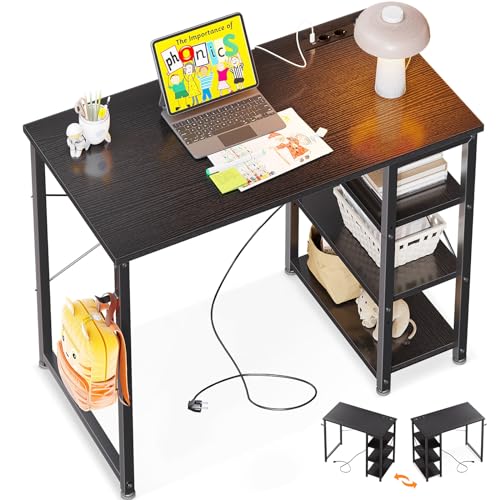 ODK Kleiner Schreibtisch, 80x40x75cm Computertisch Klein mit 3 Steckdose und USB & Typ C Ladeanschluss, PC Tisch mit Umkehrbarem Regal Kinder Schreibtisch fürs Büro, Wohnzimmer, Schwarz von ODK