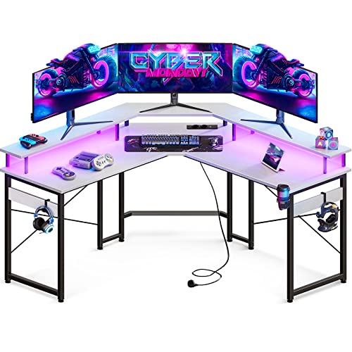 ODK Gaming Tisch mit 2 Steckdosen und 2 USB Ladeanschluss, Gaming Schreibtisch mit LED, Eckschreibtisch Weiß mit großzügiger Monitorablage, Computertisch für Gaming und Home Office, 129x129 cm von ODK