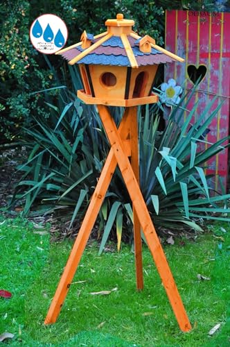 ÖLBAUM,Vogelhaus Massivholz,wetterfest, mit Ständer / mit Standfuß und Silo,Futtersilo für Winterfütterung -Holz Nistkästen & Vogelhäuser- Futterhaus aus Holz Vogelstation rot BLAU DACH mit Ständer BR45r-bGMS von ÖLBAUM