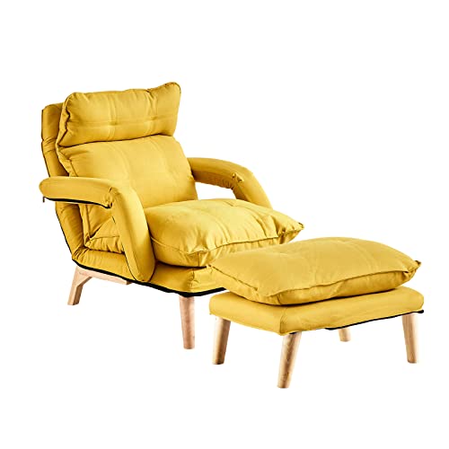 OFCASA Sessel mit Hocker Modern Relaxsessel mit Taillen Kissen 5 Positionen Gepolstert Verstellbar Bodenstuhl Loungesessel Gepolstert Stuhl für Wohnzimmer Schlafzimmer, Gelb von OFCASA