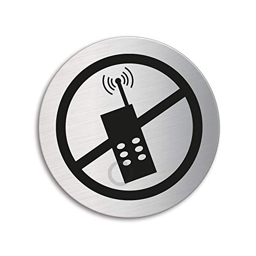 Schild Handyverbot/Handy ausschalten Ø 75 mm Türschild aus Edelstahl fein-matt gebürstet selbstklebend 40046 von OFFORM DESIGN