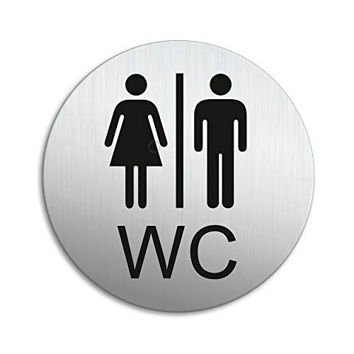 WC Schild Damen Herren Toilettenschild Ø 100 mm Aluminium vertikal gebürstet Edelstahloptik selbstklebend 53203-K von OFFORM DESIGN
