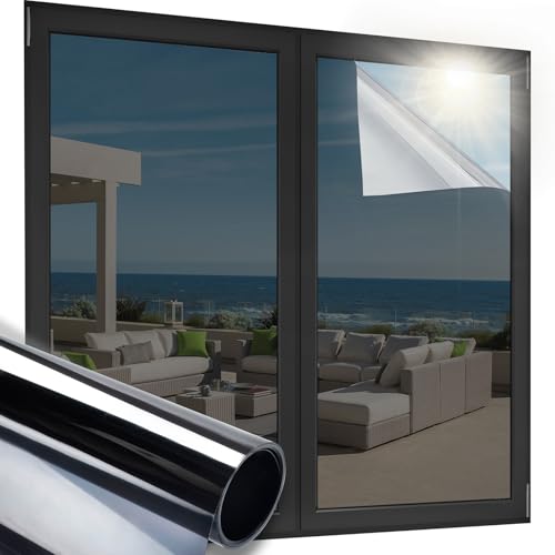 OFHome Fensterfolie von innen durchsichtig von aussen Blickdicht Spiegelfolie Fenster Sichtschutz Sonnenschutzfolie Selbstklebend UV-Schutz Selbstklebend thermofolie Fenster Silber Schwarz, 30x200cm von OFHome