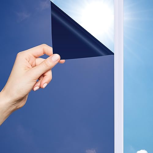 OFHome Fensterfolie Spiegelfolie Selbstklebend Sichtschutz Sonnenschutzfolie Anti-UV Wärmeisolierung Kontrolle Fensteraufkleber Privatsphäre Glas, Blau Silber, 60x200cm von OFHome
