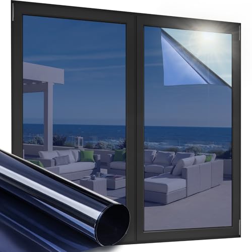 OFHome Fensterfolie Spiegelfolie Selbstklebend Sichtschutz Sonnenschutzfolie Anti-UV Wärmeisolierung Kontrolle Fensteraufkleber Privatsphäre Glas, Blau Silber, 90x200cm von OFHome