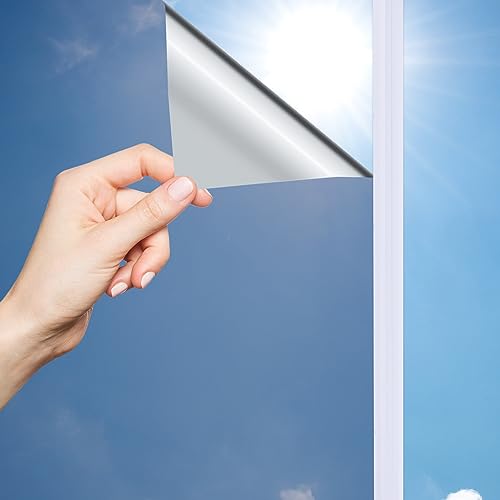 OFHome Fensterfolie Spiegelfolie Selbstklebend Sichtschutz Sonnenschutzfolie Anti-UV Wärmeisolierung Kontrolle Fensteraufkleber Privatsphäre Glas, Silber, 60x200cm von OFHome