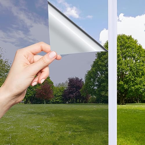 OFHome Fensterfolie Spiegelfolie Selbstklebend Sichtschutz Sonnenschutzfolie Anti-UV Wärmeisolierung Kontrolle Fensteraufkleber Privatsphäre Glas, Silber, 90x200cm von OFHome