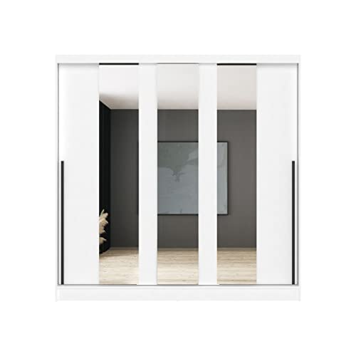 OGGI 3türiger ARIS Schiebeschrank mit 3 Spiegeln ohne Schubladen 6 Einlegeböden B 204 cm H 205 cm Modern mit Laminatplatte für Wohnzimmer Schlafzimmer Arbeitszimmer Weiß von OGGI