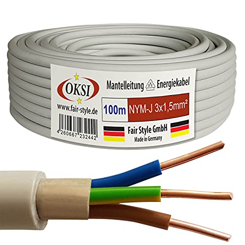 OKSI 100m NYM-J 3x1,5 mm² Mantelleitung Feuchtraumkabel Elektrokabel Kupfer Made in Germany von OKSI