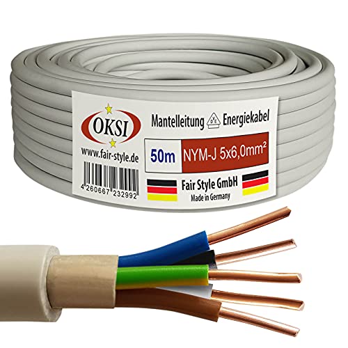 OKSI 50m NYM-J 5x6,0 mm² Mantelleitung Feuchtraumkabel Elektrokabel Kupfer Made in Germany von OKSI