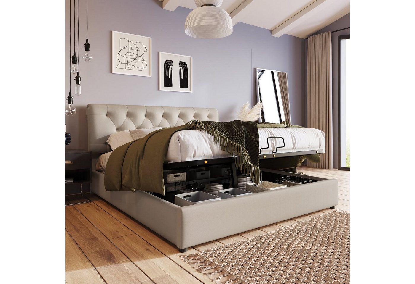 OKWISH Polsterbett Hydraulisch (Verstellbares Kopfteil Doppelbett,Bett mit Lattenrost aus Metallrahmen, Modernes Bettgestell mit Stauraum), 140x200cm, ohne-Matratze von OKWISH