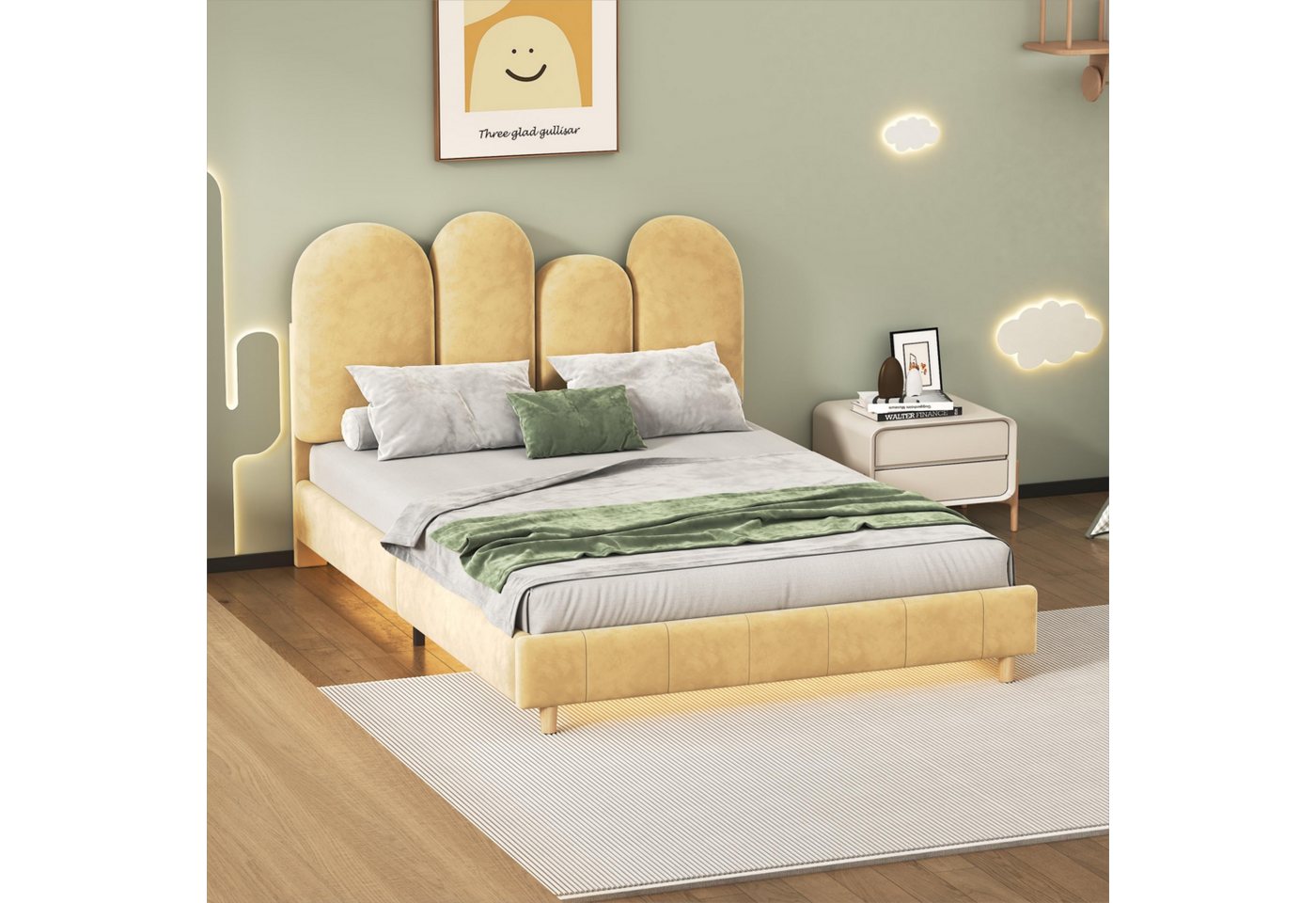 OKWISH Polsterbett mit Unterbett-LED-Lichtleiste in warmem Gelb, mit Holzlatten, Samt (140x200 cm, Daumenform Kopfteil, Kinderbett), ohne Matratze von OKWISH
