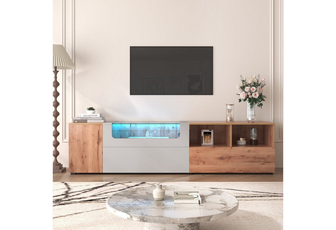 OKWISH TV-Schrank TV-Ständer,LED TV Lowboard, (Natürlicher Landhausstil) Mit farbwechselnden LED-Leuchten und Glasplatte von OKWISH