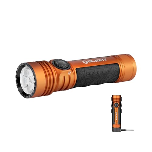 OLIGHT Seeker 4 Pro LED Taschenlampe mit Holster, 4600 Lumen 260 Meter, USB-C Wiederaufladbare Taschenlampe 15 Tage Akkulaufzeit, Tragbare Taschenlampe für den Alltag,Outdoor(Orange Kaltweiß) von OLIGHT