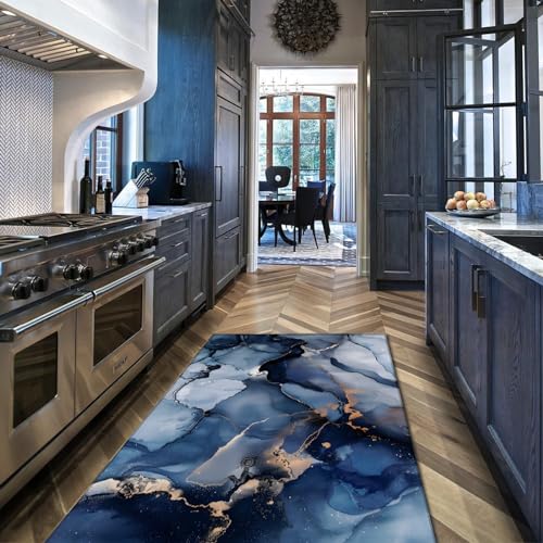 OLLIAR Home Abstrakter Blauer Marmor Bereich Teppich Leichter Luxus Gold Folie Druck rutschfeste Teppiche pflegeleicht weiche Teppiche für Schlafzimmer Flur Veranda 140x190cm von OLLIAR Home
