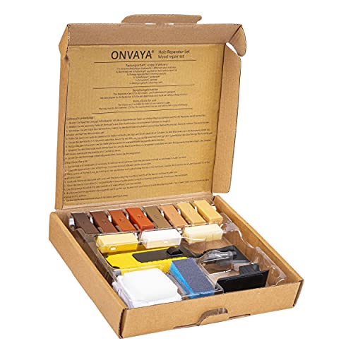 ONVAYA® Holz Reparaturset | Reparatur-Kit für Laminat, Parkett, Holzmöbel | inklusive Reparaturwachs, Brennstab, Spachtel, Schleifpapier, Schwamm & Reinigungstuch von ONVAYA