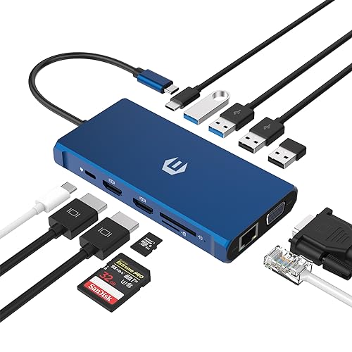 OOTDAY USB C Hub, 12-in-1 Dreifachbildschirm USB C Ethernet Adapter mit 2 * 4K HDMI, USB C 3.0, USB C Multiport für Dell/HP/Lenovo, Ethernet, 100W PD von OOTDAY