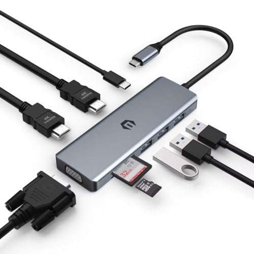 OOTDAY USB C Hub HDMI, 9 in 1 USB C Hub Adapter kompatibel mit Laptops und Anderen USB Typ C Laptops, einschließlich 2 x 4K HDMI, VGA, 100 PD, 3 USB 3.0 von OOTDAY