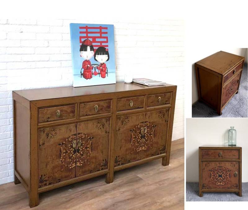 OPIUM OUTLET Schlafzimmer-Set Vintage Asia Schrank / Kommode mit 2 passenden Nachttischen, (Schlafzimmer-Set, Ein Sideboard, Zwei Nachtkommoden im Vintage-Stil), Chinesisches Sideboard mit 2 Nachtkästchen Schränkchen Nachtkonsolen von OPIUM OUTLET