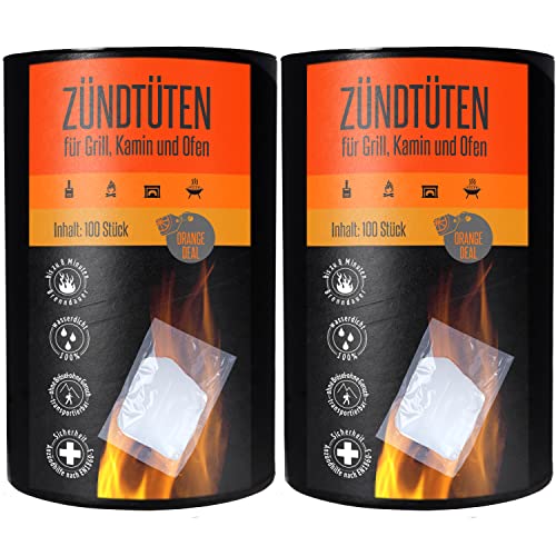 2x100 Zündtüten in der Dose geruchsfreie wasserfeste Grillanzünder - Kaminanzünder (Fire Starter) für Grill (Holzbriketts, Grillkohle), Kamin (Kaminanzünder) oder Ofen zum sicheren Anzünden. von ORANGE DEAL