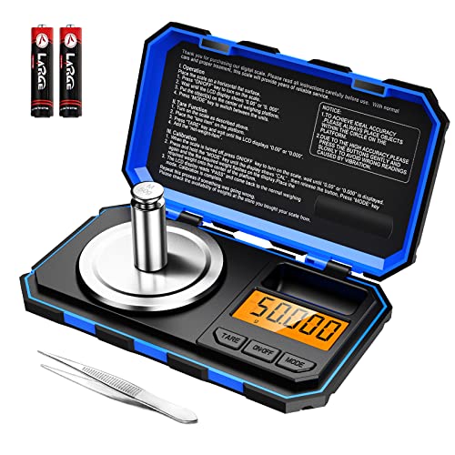 ORIA Digital Milligramm Waage, 50g / 0,001g Präzisionswaagen, Taschenwaage, Schmuckwaage mit Tara Funktion, Tragbare Mini-Feinwaage, mit 50g Kalibriergewichte/Pinzetten, LCD-Anzeige - Blau von ORIA