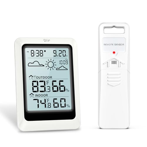 ORIA Digitales Thermometer Hygrometer, Drahtlose Wetterstation mit Sensor, Wettervorhersage/Uhrzeit/Datum/Alarm, Temperatur-Feuchtigkeitsmonitor Drinnen Draußen, für Büro, Zimmer von ORIA