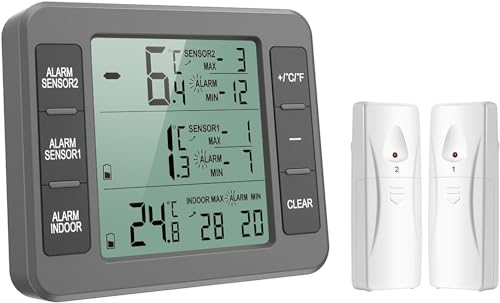 ORIA Kühlschrank Thermometer, Gefrierschrank Thermometer, Kühlschrankthermometer, Innen Außen Thermometer mit 2 Sensoren, Temperatur Alarm Funktion, MIN/MAX, Temperaturtrendanzeige Pfeil - Grau von ORIA