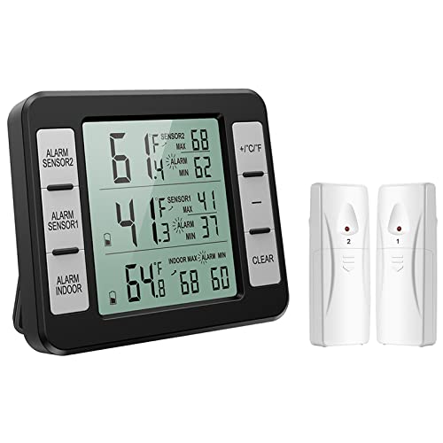 ORIA Kühlschrank Thermometer Gefrierschrank Thermometer, Kühlschrankthermometer Innen und Außen Thermometer mit 2 Sensoren, Temperatur Alarm, MIN/MAX, Temperaturtrendanzeige Pfeil - Schwarz von ORIA