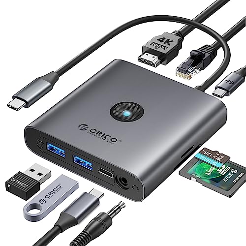 ORICO Docking Station, 9 in 1 USB C Hub mit 4K-HDMI, SD und TF Kartenlesern, 2 USB-A 3.0, USB-C 3.0, 2,5 G Ethernet, AUX, 100 W PD Multiport USB Adapter für MacBook Air Pro, Andere Geräte vom Typ C von ORICO