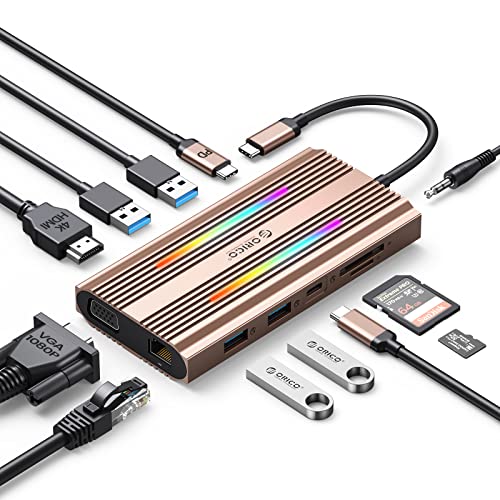 ORICO 12-in-1 USB C Docking Station, 4K HDMI 1080P VGA für 2 Monitore, 100W PD, 5 Gbps USB 3.0, RGB Modes Hub mit USB 3.0 * 4&USB 2.0, Ethernet, SD/TF, 3.5 mm Audio, Dock für Windows Laptop/MacBook von ORICO