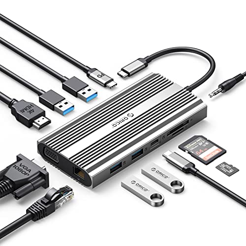 ORICO USB C 12-in-1 Docking Station, 4K HDMI 1080P VGA für 2 Monitore, 100W PD, 5 Gbps USB 3.0, USB C Hub mit USB 3.0 * 4&USB 2.0, Ethernet, SD/TF, 3.5 mm Audio, Dock für Windows Laptop/MacBook von ORICO
