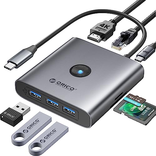 ORICO USB C Docking Station, 8 in 1 USB 3.0 Hub mit 4K-HDMI, SD und TF Kartenlesern, 3 USB-A 3.0, Gigabit-Ethernet, 100W PD, Hub USB C Multiport-Adapter für MacBook Air Pro und andere Typ-C-Geräte von ORICO