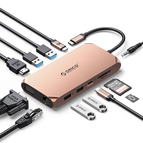 USB C Docking Station, ORICO 12 in 1 RGB Adapter, 4K HDMI, PD 100W, Gigabit Ethernet, 4 USB 3.0, SD und MicroSD Kartenleser, 1080p VGA, 3,5 mm Audio, Laptop Dock kompatibel für Windows/Mac OS von ORICO