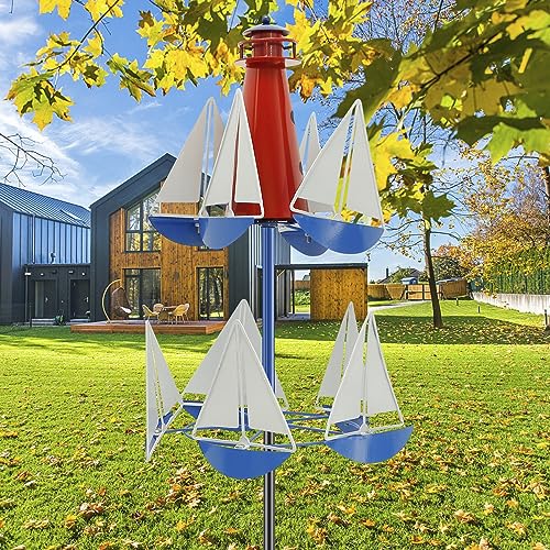 Windmühle Garten Metall Segelboot Windmühle Leuchtturm mit Drehbares Design Wetterfest Gartenwindmühlen Metall Windmühle Bausatz für Garten Terrasse von OROMYO